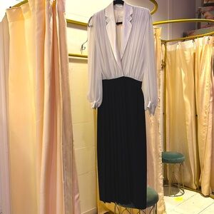 Vintage Formal Wear Black and White Dress, Pleated Skirt, sheer sleeves